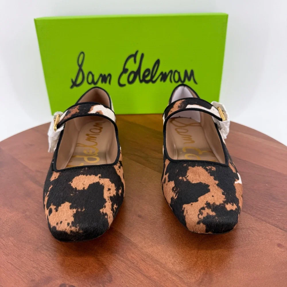 Sam Edelman Michaela Mary Jane Flats Womens Brown Cow Print Calf Hair 7 M